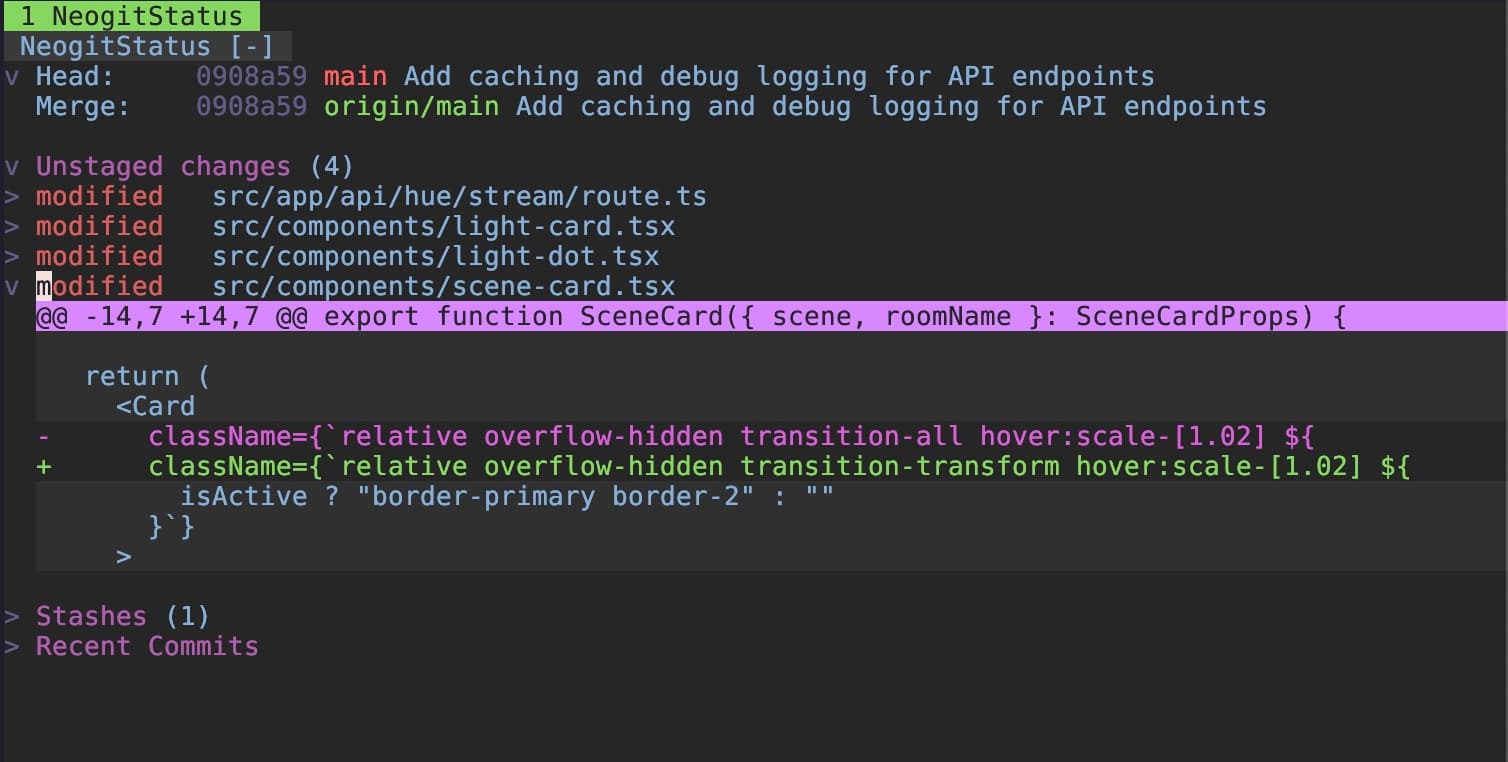 Neogit interface showing unstaged changes with a diff view