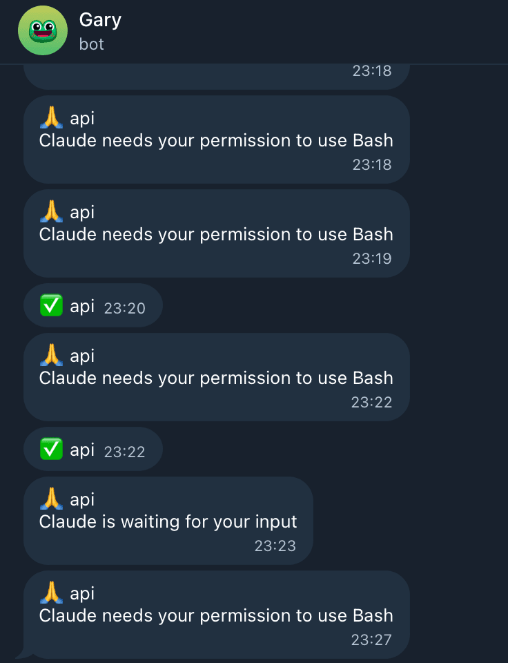 Telegram bot showing Claude Code notifications with permission requests and completion messages